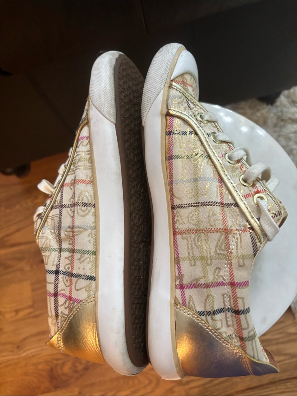 Coach Barrett Cream Plaid Low-Top Sneakers with Multicolor Gold Accents - Picture 5 of 9